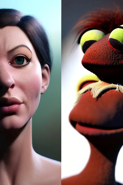 Realistic image, waist up portrait, hybrid made up of a woman, the muppet head replaces the human one ,concept art, smooth, unreal engine 5, god lights, ray tracing, RTX, lumen lighting, ultra detail, volumetric lighting, 3d, finely drawn, high definition, 4k.