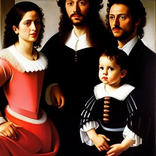 portrait of Jacobo Santiago Mozos born in 1976 and Gemma Arnau Arnau born in 1979,and daughters Eira Santiago Arnau and Dalia Santiago Arnau by Caravaggio,smiling, oil on canvas, cinematic composition, extreme detail,8k,fit full head inside picture,