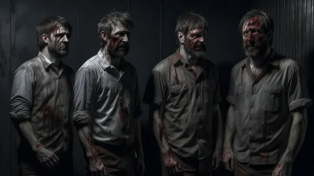 four men zombies in adark room look at the top