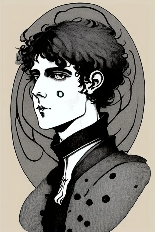 Black haired blue eyed freckled young male warlock in the style of aubrey beardsley