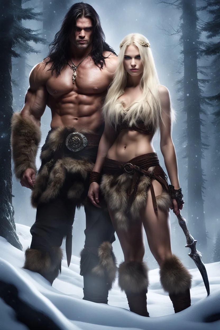 Giant muscular male mountain man with long dark hair with a petit female long blonde hair, dark fantasy, snowy forest