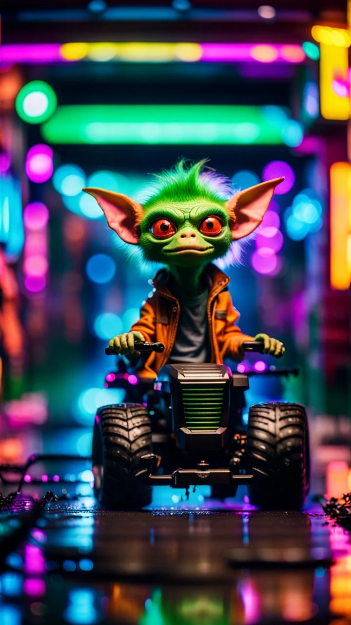 portrait of kobold Hairy Gremlin myth buster pimp ninja yoga cyber punk in flying hipster lawn tractor parked in dark neon lit reflective wet arcade hall tunnel,bokeh like f/0.8, tilt-shift lens 8k, high detail, smooth render, down-light, unreal engine, prize winning