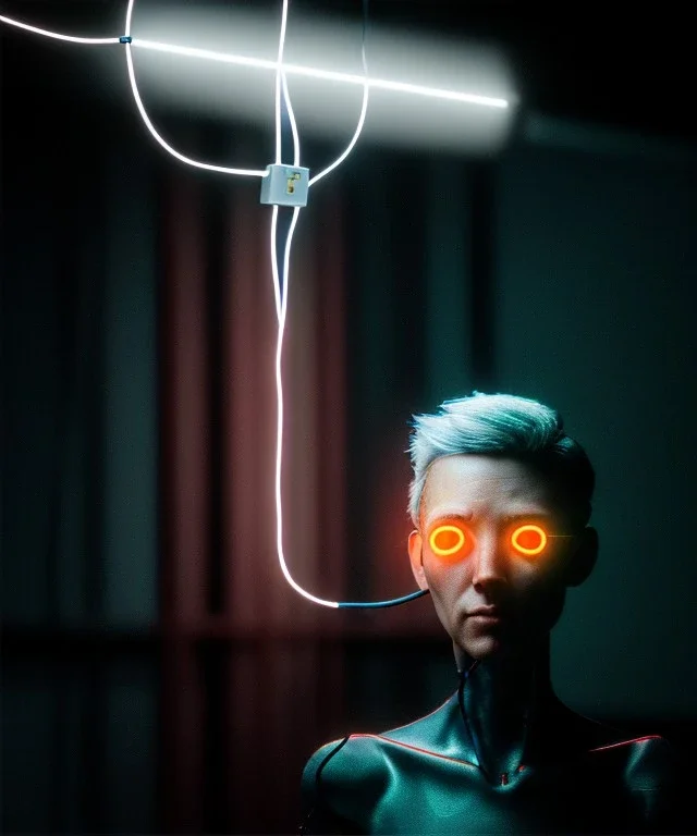 Ultra realistic photographic night portrait, cinematic, <blonde woman> <hanging wires> many wires coming out of the head <perfect pupil> <cyborg arm> <garage> <wide angle Shot> <sci-fi futuristic> <thriller>, neon lights, color fog, soft color, highly detailed, unreal engine 5, ray tracing, RTX, lumen lighting, ultra detail, volumetric lighting, high definition.