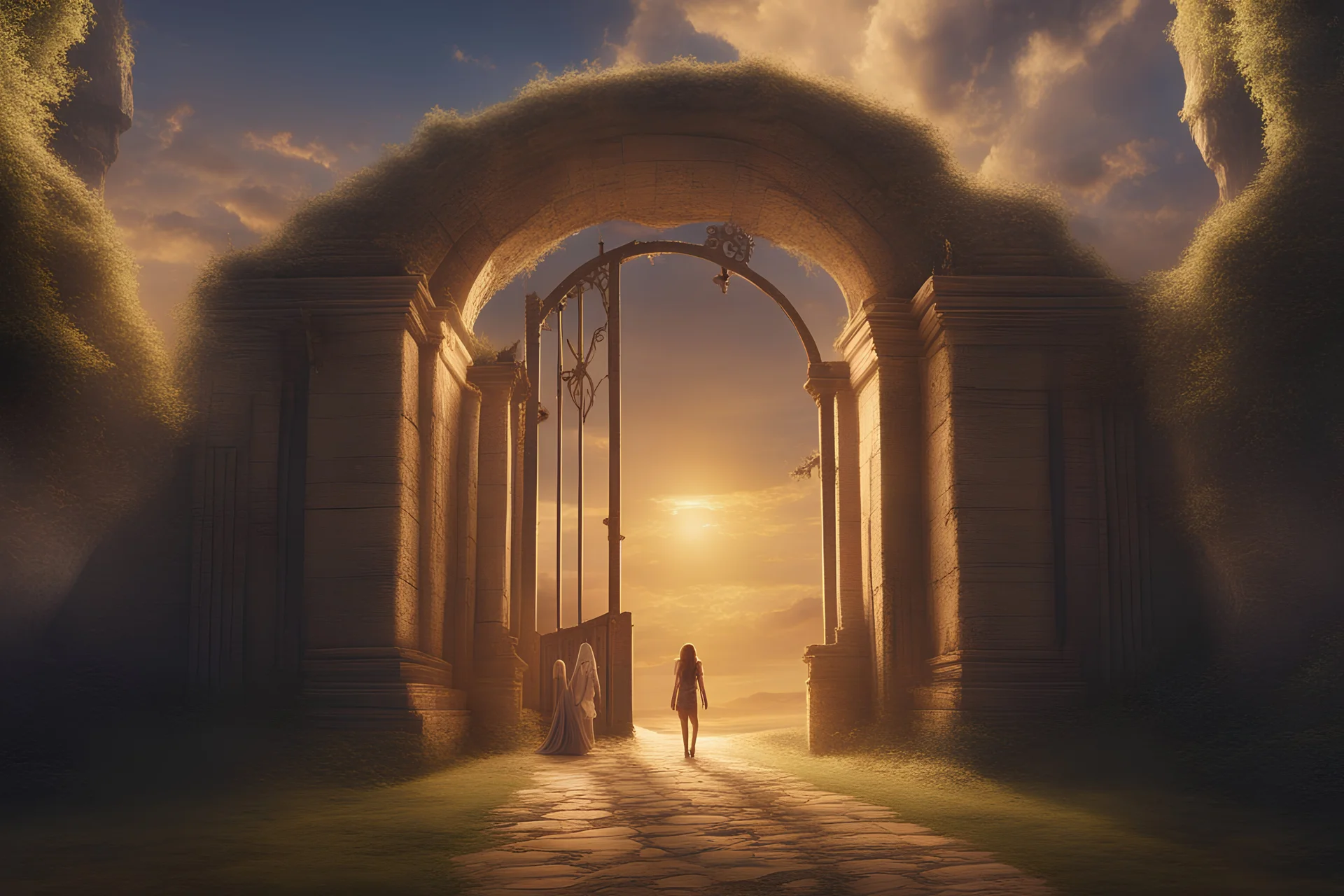 تمثل هذه الصورة لحظة ساحرة تأخذنا في رحلة سفر عبر الزمن. في الأمام، نرى بوابة قديمة مهيبة، مُطلة على ممر طويل من الزمن. تبدو البوابة كمفتاحٍ سحري لعوالم مختلفة، حيث يمكن لمن يمرّ بها أن يعبر إلى عصور مختلفة. تتداخل ضوء الشمس والظلال على الأرض وجدران البوابة بأسلوب ساحر، مما يضفي على المشهد أبعادًا من السحر والغموض. يبدو أن البوابة محاطة بجو من الهدوء والترقب، وكأنها تنتظر المستكشفين الجريئين ليخوضوا تلك التجربة العجيبة. تدفعنا الصورة إلى التأمل في فكرة التواصل مع الماضي والسفر عبر الزمن، حيث يم
