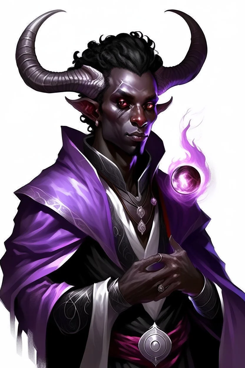 En Young male black skin black hair tiefling Wizard with large horns glowing Purple symbols Everywhere on his body. He's wearing silver and White Rope and a silver cloak. His horn a perfectly place on acet from the front to the back pointing upwards with glowing Red cat Eyes. His close is elegant get simple. Casting and ice spell