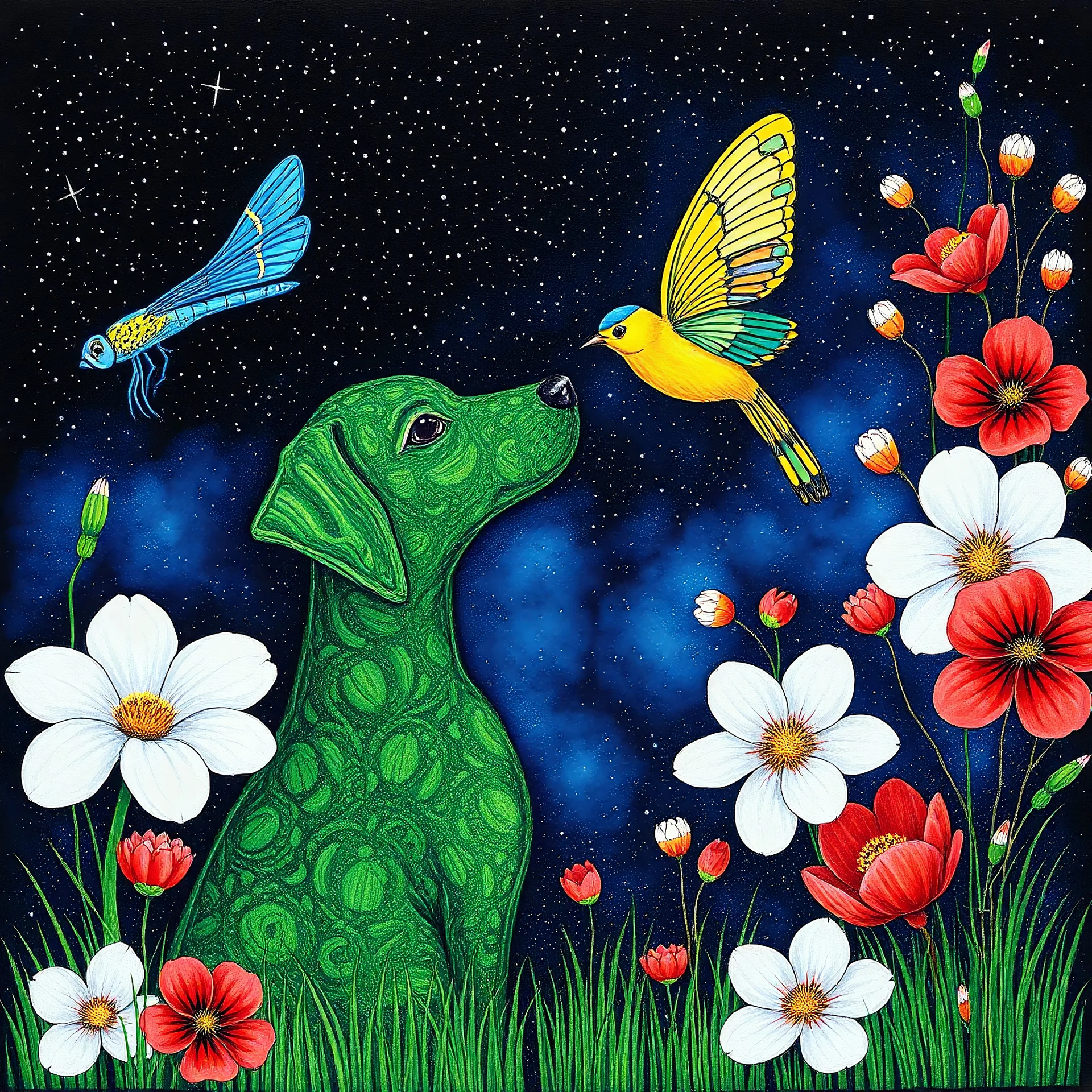tomoko takeda style, pointillism, maori art, african art, green Dog, blue cat, yellow bird, dragonfly showcasing a variety of colors and patterns on its wings. abstract art. The backdrop is a dark, starry sky, blue light, surrounded by a dreamy blend of big whith and ans red flowers, geen grass like tree. Surrealism. The overall composition creates a magical and serene atmosphere,