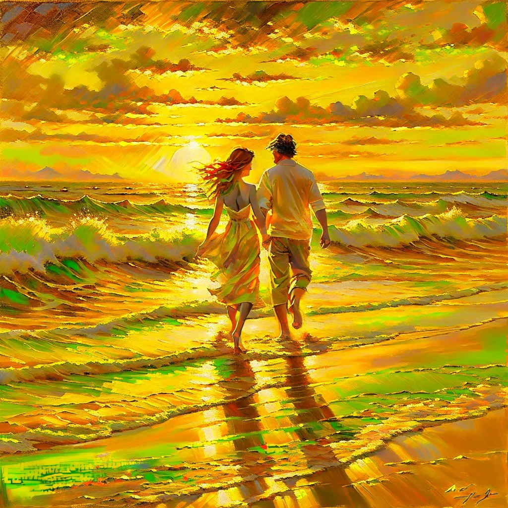 Amidst the beach's embrace, a youthful couple walks, love radiating effortlessly. Sunset's golden touch paints them, shadows intertwining. Her flowing dress mirrors the boundless sky, his gaze, pure devotion. Laughter mingles with waves, creating a symphony. A universe of affection resides in stolen glances, entwined fingers, smiles. Time pauses, their love the focal point. The world fades, leaving their profound connection aglow.