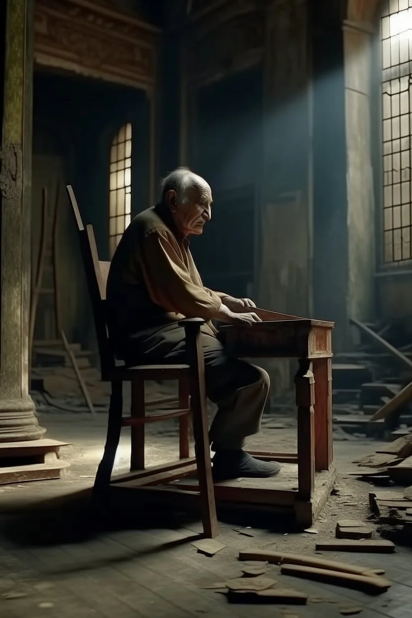 An old man cutting on an old chair in side an old temple bound by a bomb, burdened with worries a high definition cinematic theme