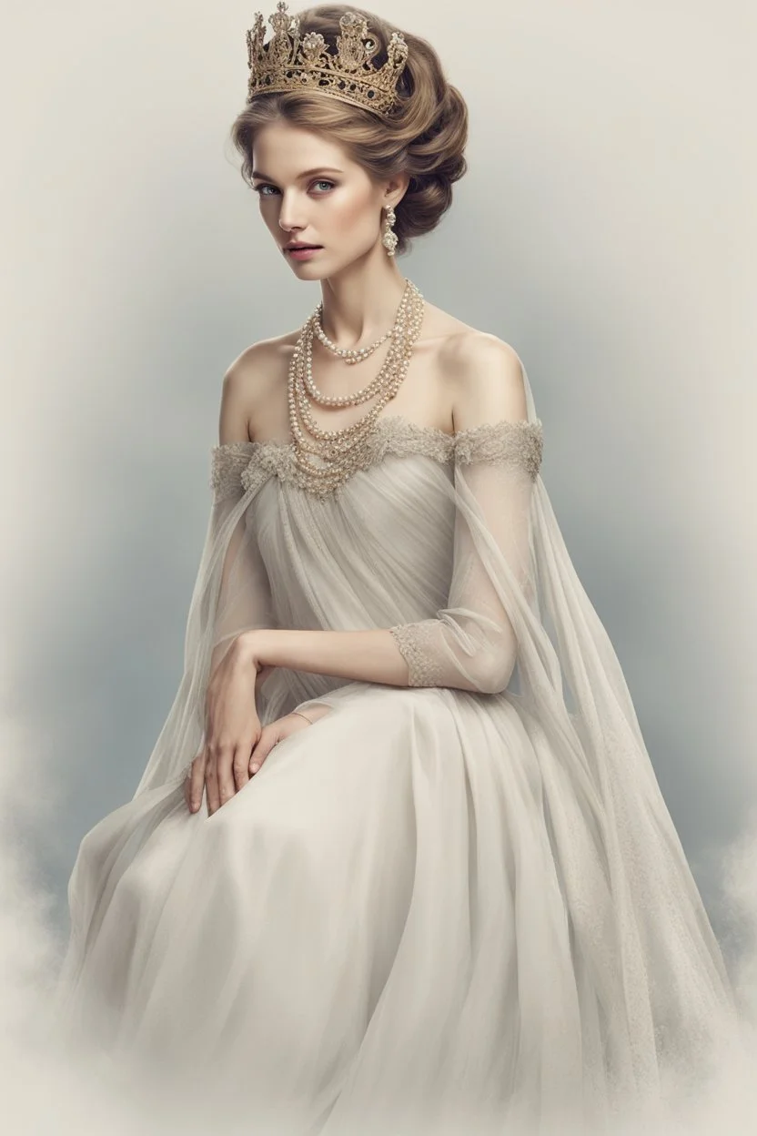 The enchanting queen, radiating grace and elegance. She would wear a flowing gown made of silk and adorned with delicate lace and pearls. Her crown would be a delicate tiara, embellished with sparkling gems.