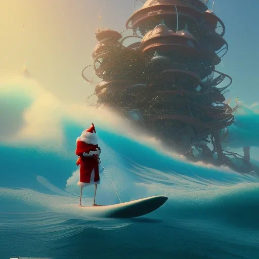 Santa standing of surfboard surfing a big wave, surfboard, beach, character design by cory loftis, fenghua zhong, ryohei hase, ismail inceoglu and ruan jia. unreal engine 5, artistic lighting, highly detailed, photorealistic, fantasy