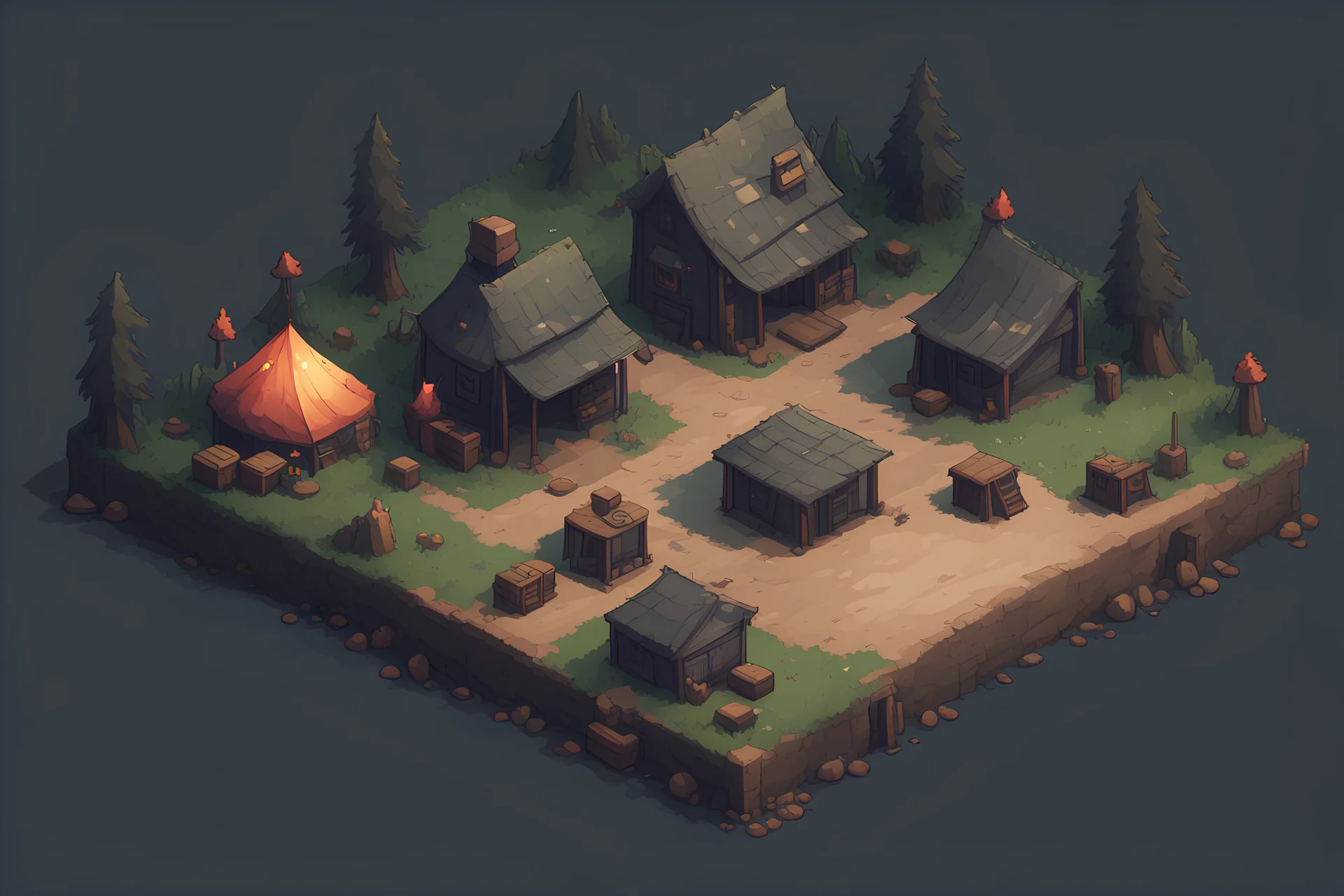 2D game asset, tilmap, dark military camp, pixel art