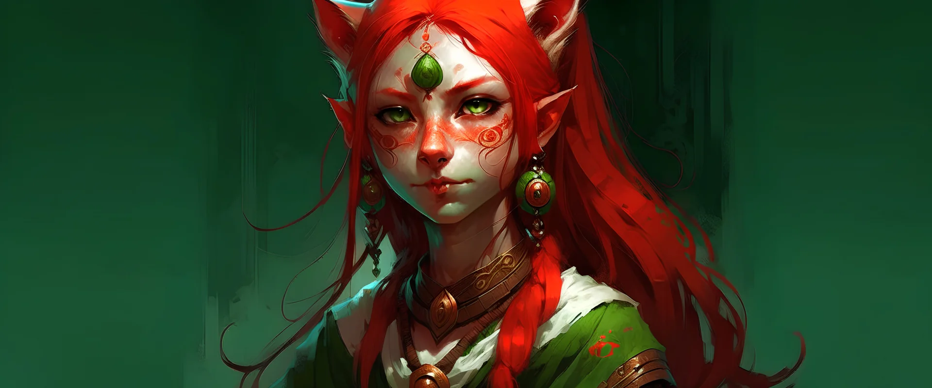 It's a girl in her 20s. She is one of the guards of the sacred temple. She has ears and a tail like a red panda, but only as a ghost. Where the eyes are, there's an arnament of red colors painted on it. Her eyes are green and her hair color is dark red and the strands in her hair are black and white. On the ears are earrings in the shape of a green lotus, and on the end of them hangs a red ball. There are also arnamentations of autumn leaves on her skin. Her clothes are like a Chinese dress.