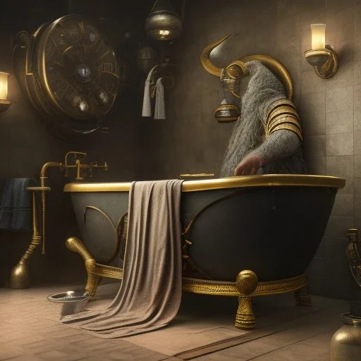 A viking having a bath, scary, steam punk, realistic, made in octane, cinematic, ultra-realistic, extremely detailed octane rendering, 8K, VRAY Super Real ar 2:3, dof photorealistic futuristic 50mm lens hard lighting dark gray tintype photograph, realistic lighting, sepia color