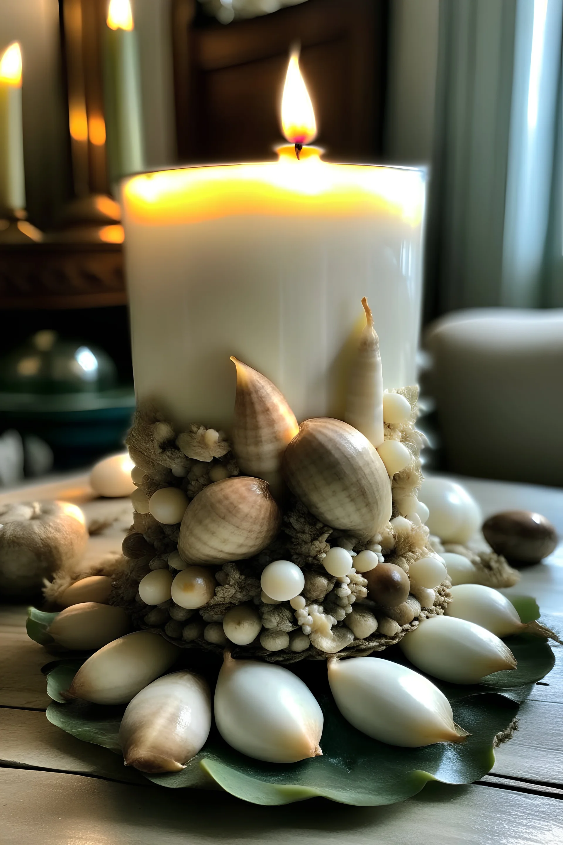 Oversized white big candle with sea shells inside