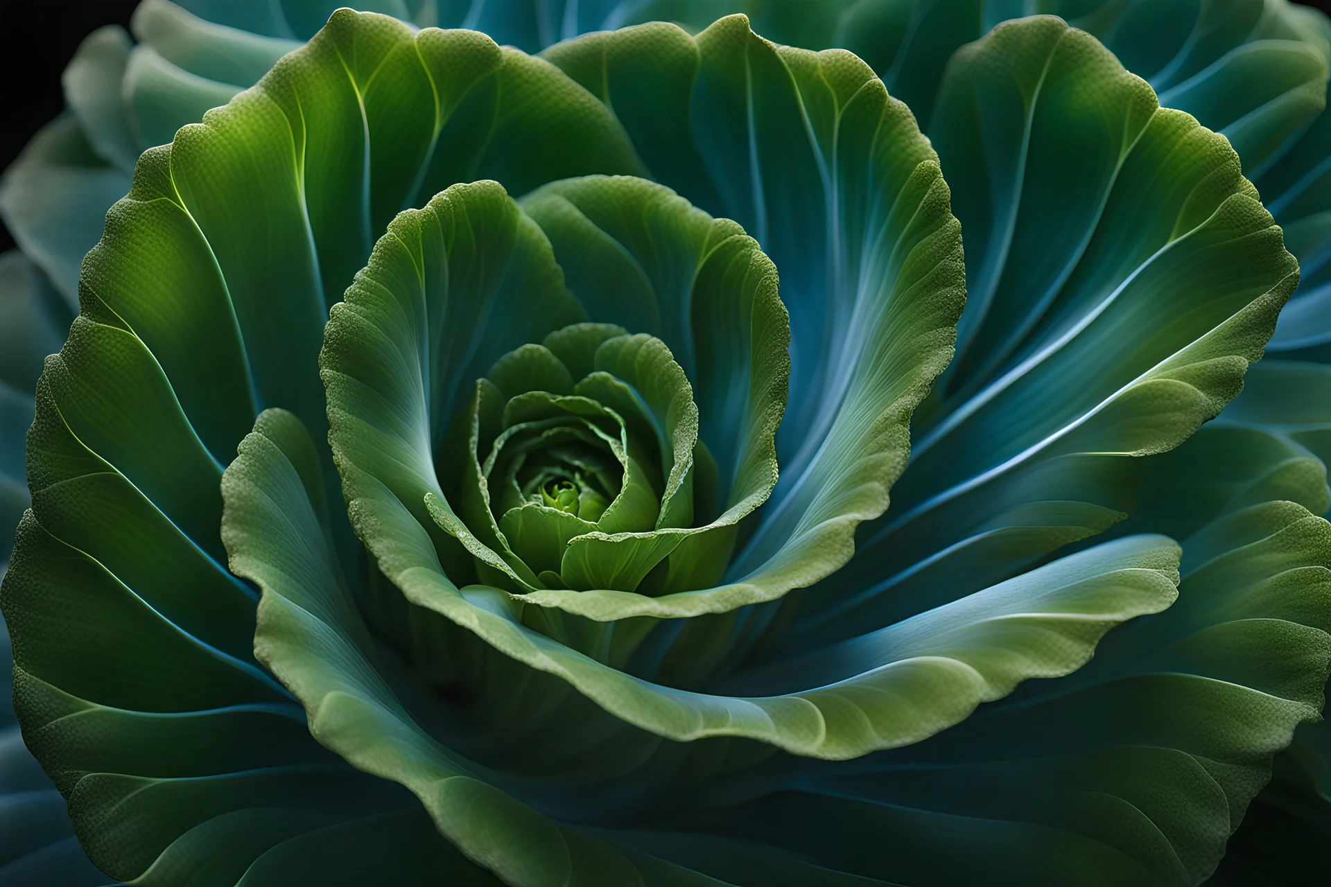 A mesmerizing depiction of dark green botanic organ mutation, inside translucent bulging glass petals. This exquisite image, possibly a painting or digital artwork, captures the complexity and elegance of this bizarre subject.the external presentation is a light blue beautiful and fragile pretty opacity, but inside is a horror muatation of botanical ecco sexual evolution. Every intricate detail is meticulously rendered, showcasing the strangeness and beauty in this strangely captivating world. T