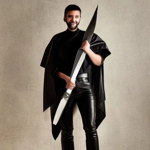 a young man wearing leather pants, a poncho with a bowl cut and light facial hair, full body shot, holding 2 daggers with a smile