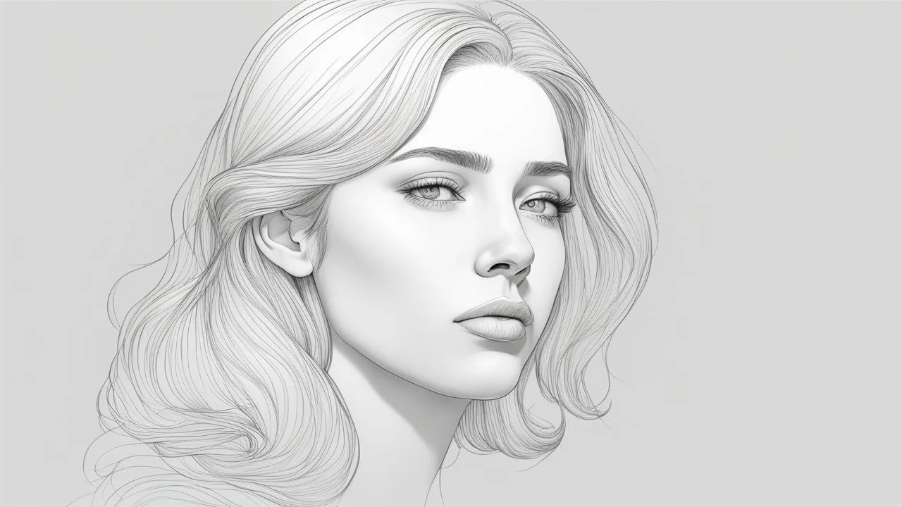 Outline drawing for woman portrait, sad, longing, coloring page, white background, sketch style, use outline only, clean lines, no shadows, clear and well defined, 3d, 64k, high resolution, hyperrealism, f/16, 1/300 s.