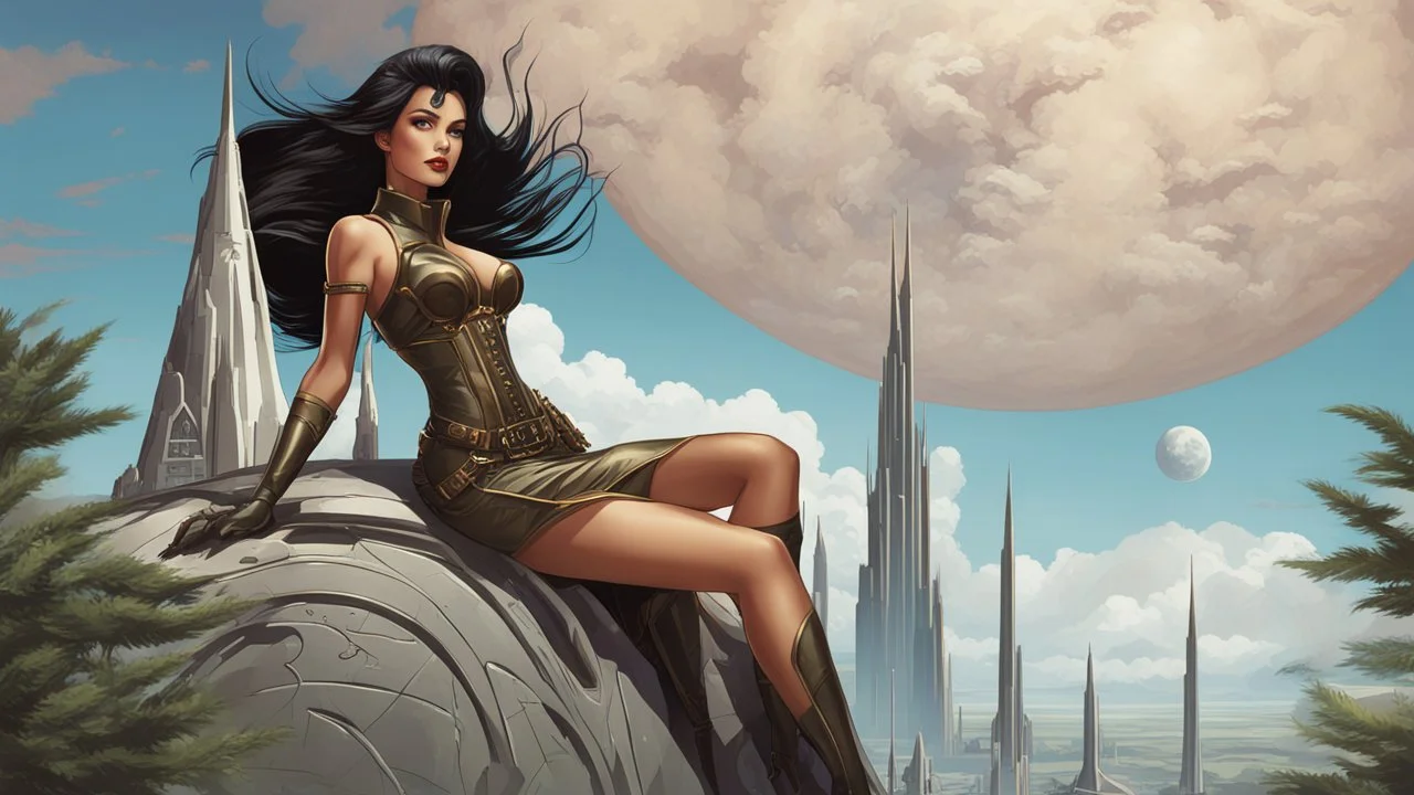 exotic sci-fi pin-up girl, with long dark hair, on an alien planet with cloud trees, tall spires and buildings