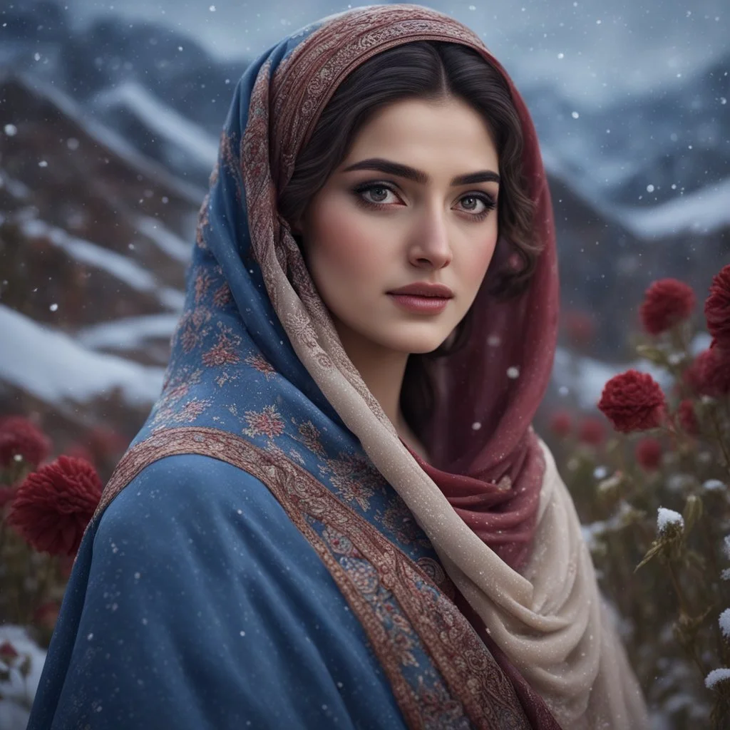 Hyper Realistic close-up-view of a Gorgeous-Young-Pashto-Women-with-beautiful-eyes whirling wearing blue-grey-dress & beige-shawl-with-maroon-embroidery on mountains-with-flower-garden at snowfall night withy dramatic & cinematic ambiance