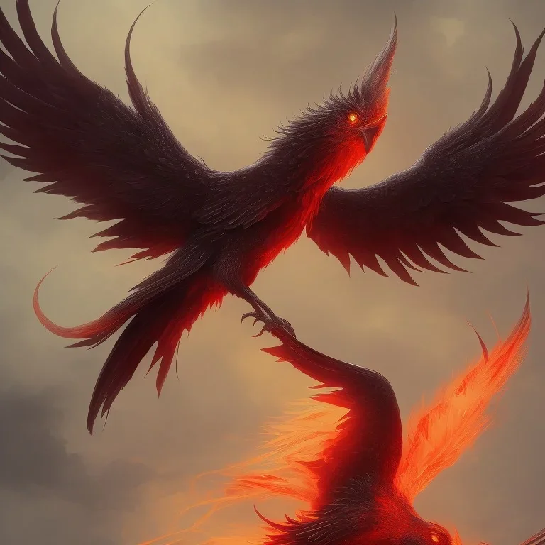 a detailed illustration of a black and red phoenix sitting on a branch of a tree, phoenix wallpaper, luminescent body, glinting wings, full body, symmetrical body, realistic, glowing wings, sharp focus, meticulously detailed, soft evening sky, 64k