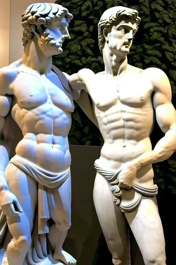 in a modern art display, two famous statues are next to each other, one is David and the other is the Discobulus statue. The discobulus hand covers the private part of David, they both look disgusted at each other