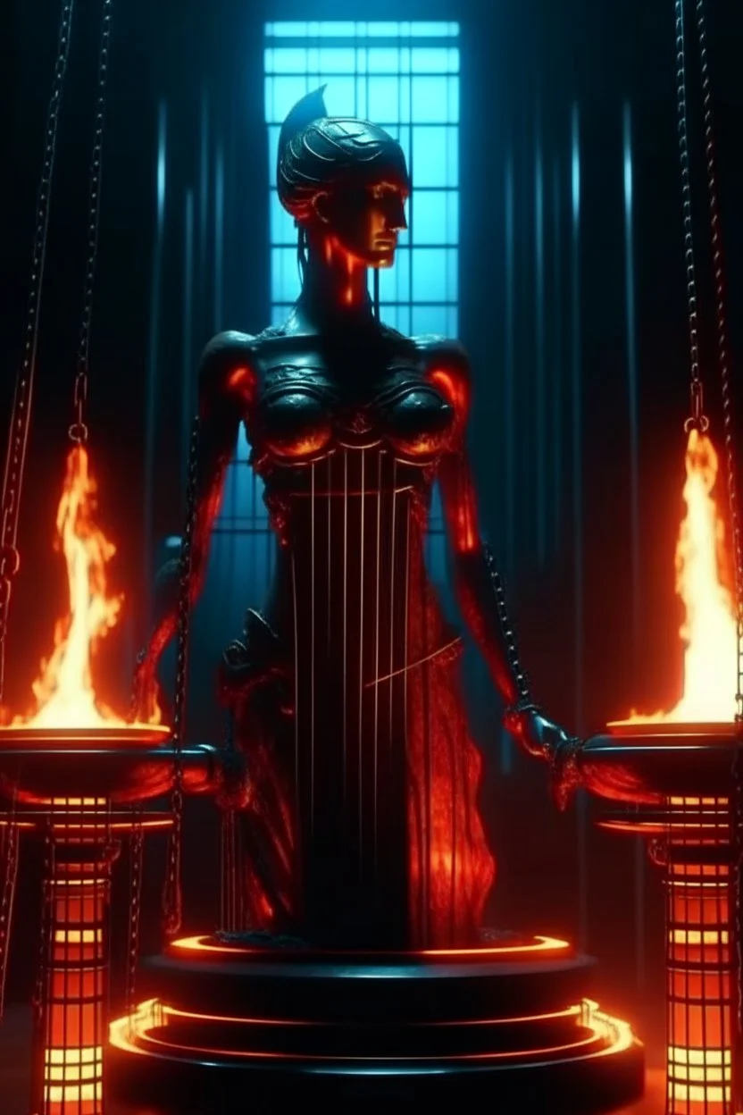 4K. REALISTIC FULL DETAILS. FULL LIGHTS. PORTRAIT OF THEMIS SYMBOL OF JUSTICE BLEEDING WITH SCALES AND A SWORD GODNESS CYBERPUNK IN A JAIL FIRESTARTER