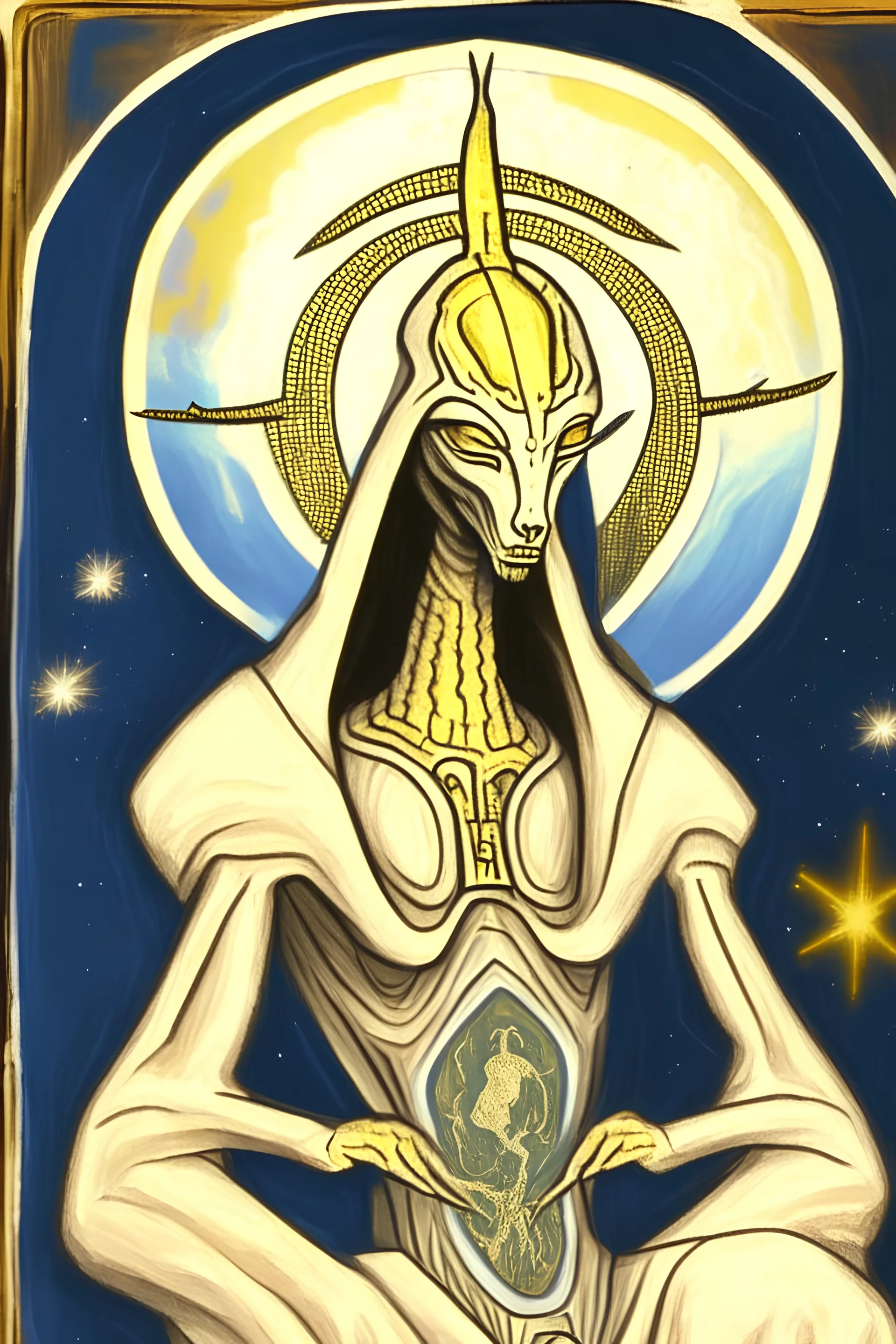 Paint the alien in this image in the style of an old Russian Orthodox Christian icon.