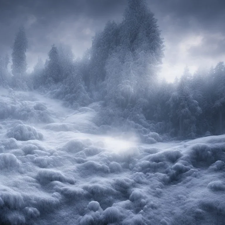 winter landscape, ice field, crystals, dreamlike, foggy