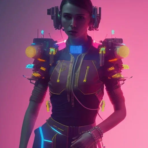 A cyberpunk soldier Armor wearing girl,cyberpunk 2077, ultra realistic,shiny, smooth, studio quality, octane render, Surrealism, Triadic colour scheme,glow-stick, ambient lighting,nightclub lighting, polaroid, 100mm