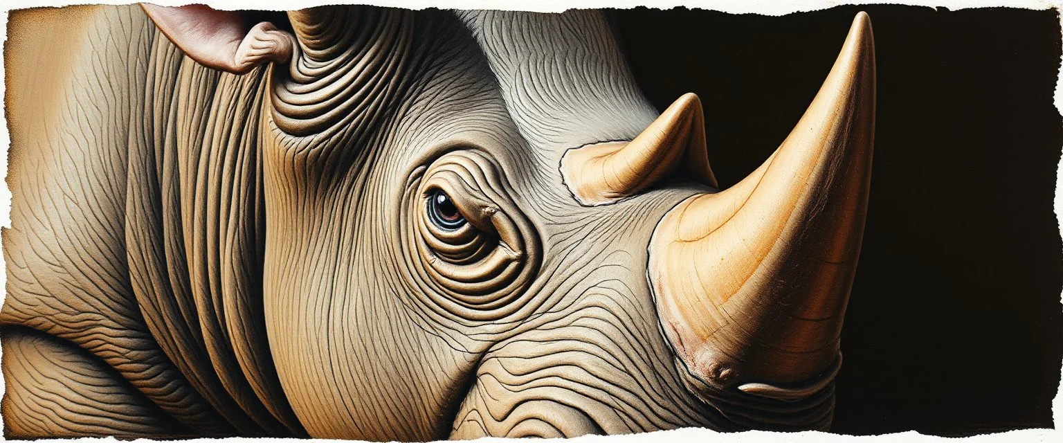 airbrush and pen outline, close up on rhino pig badger , pinhole cam, airbrush 3d rendering, in the style of Titian and Rembrandt , torn edges on border