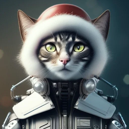 Cyberpunk Portrait of cyborg cat child with brown hair and with cute face, north pole snowy vibe , perfect composition, hyperrealistic, super detailed, 8k, high quality, trending art, trending on artstation, sharp focus, studio photo, intricate details, highly detailed, by greg rutkowski