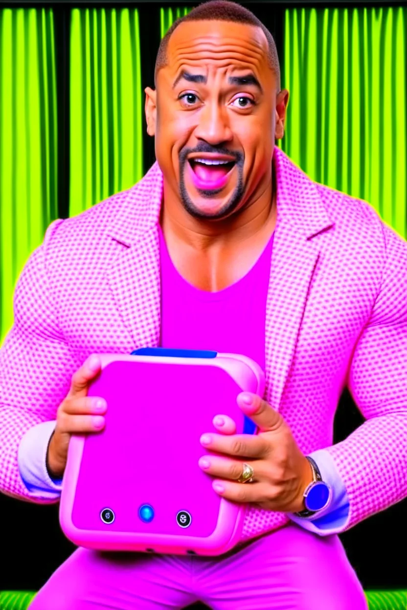 dwayne the rock playing a nintendo switch wearing a kirby costume