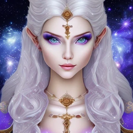 cosmic mage, elf, female, cosmic magic, long ears, white hair, face details, pale skin, jewellery, broad shoulders, sharp ears, cosmic clothes, cosmic eyes, ears shown, the cosmos in eyes, shining eyes, thin face, detailed ears, magical eyes, closed mouth, make up, smiling face, happy face, pointy ears, glow in eyes