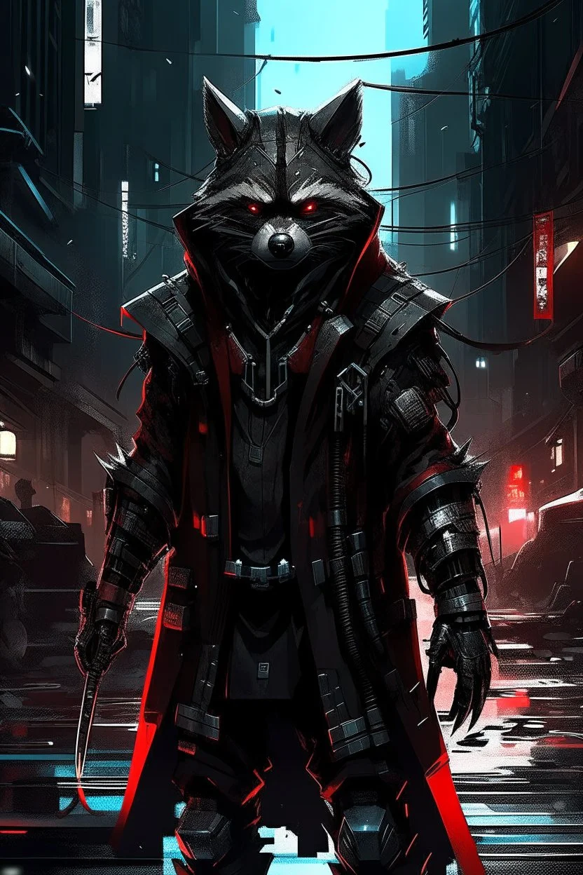 a cyberpunk racoon wizard standing in a city street, black armour, with red highlights, grey cyberpunk city background