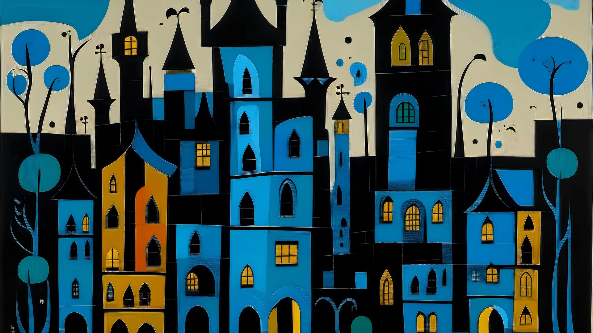 A blackish blue castle in a nightmare realm painted by Stuart Davis