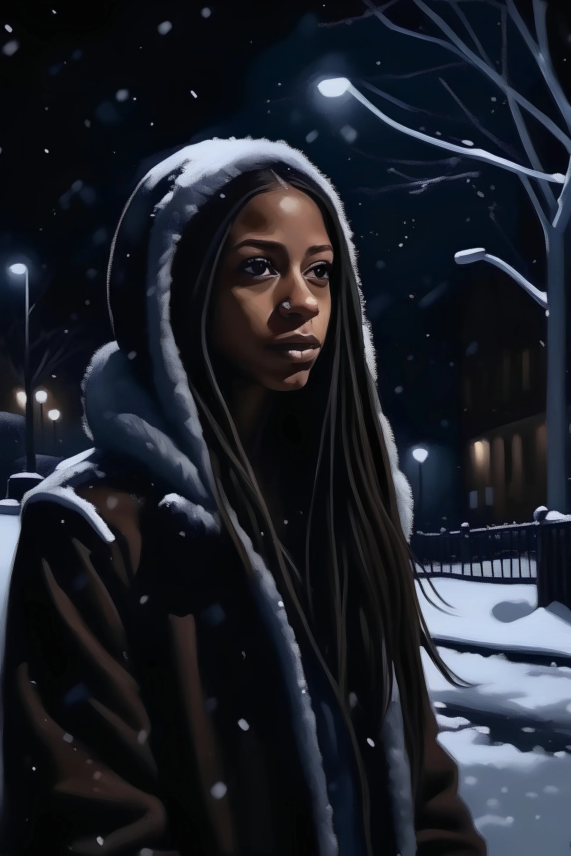 painting of instagram model diamond white with long straight hair, on a dark street in the Bronx at night, it's snowing, dramatic scene, wide shot, dark moody scene, deep shadows.