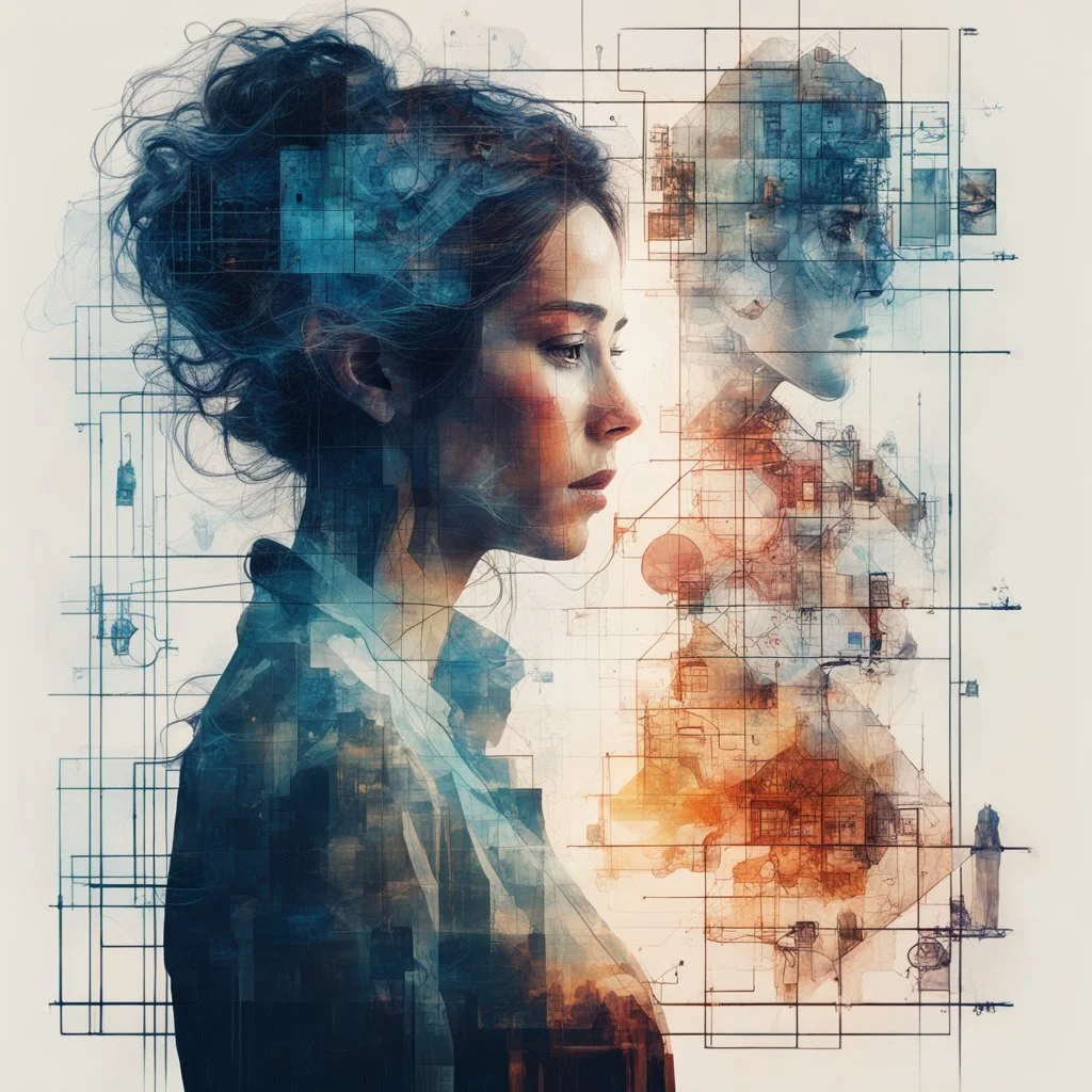 Double exposure silhouetted woman scientist in a laboratory, Carne Griffiths, Minjae Lee, Andreas Lie, Stylized periodic table, Intricate, Complex contrast, HDR, Sharp, soft Cinematic Volumetric lighting, layered overlapping scientific geometry, layered geometric vector art; V-Ray, Unreal Engine 5, angular oil painting, dramatic