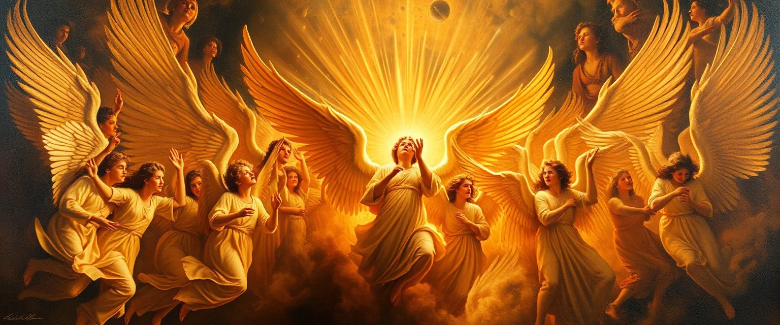 master oil painting by Rembrandt,100 million angels singing, display of god rays