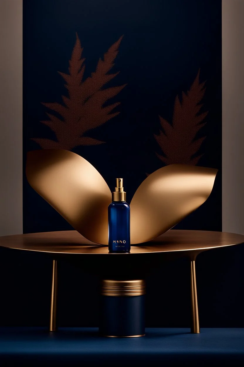 create a high quality minimal poster for mono product reveal photo with nice photography techniques from a brass Coupling wall elbow fitting , dark semi blue background, a dreamy blurred bokeh background with excellent warm lighting, on a luxury scenes in a studio splash clear water , on a pice of velvet