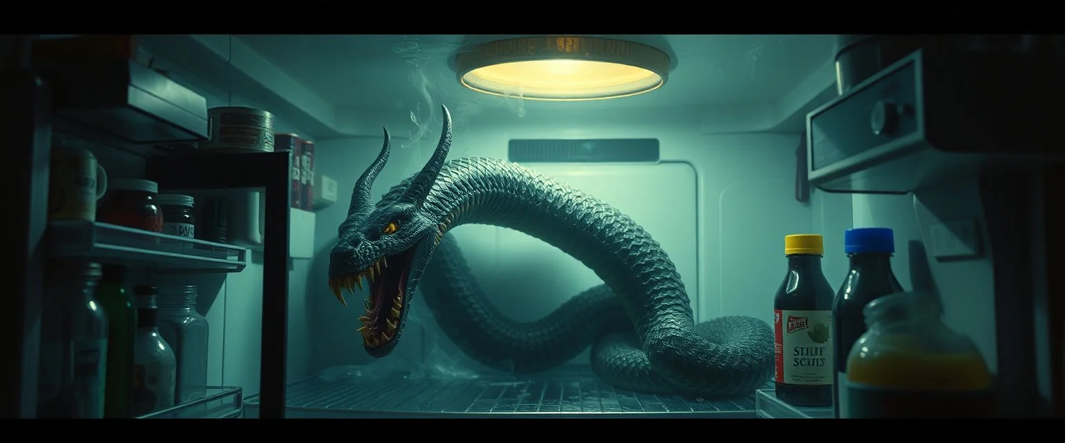 snake demon in the fridge in the style of fantasy art