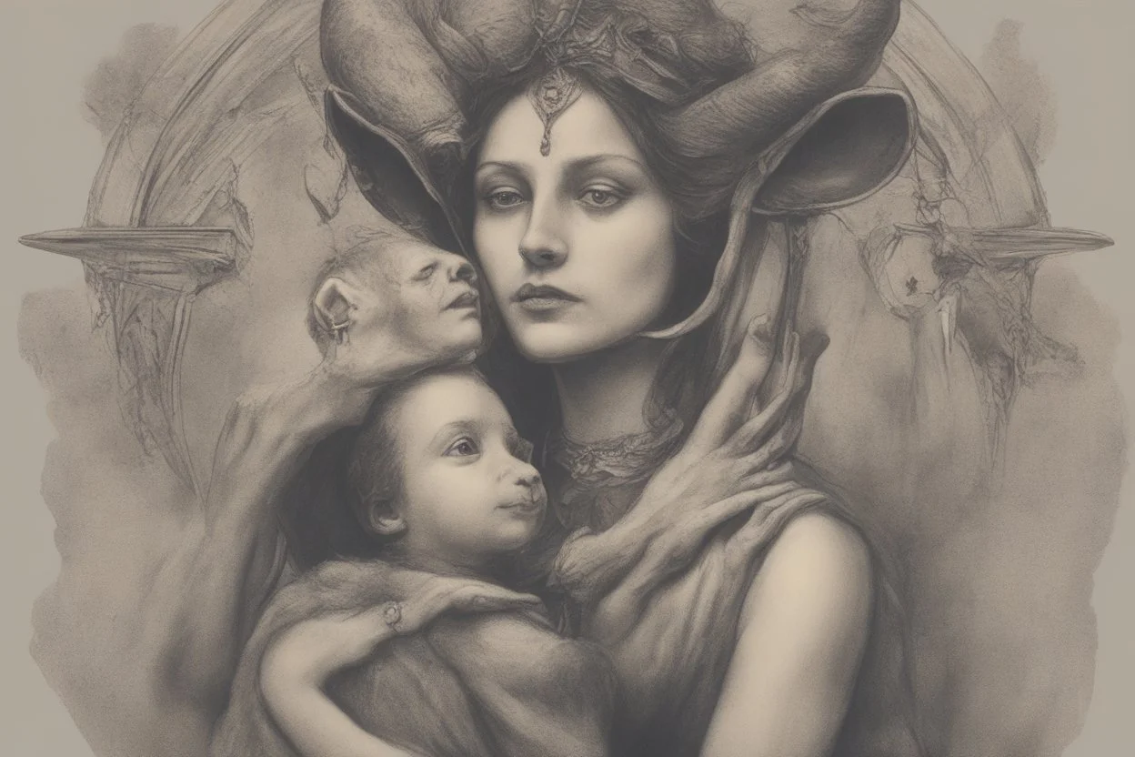 baphomet, attractive woman with head of a goat, holding a human child, mary mother of jesus composition