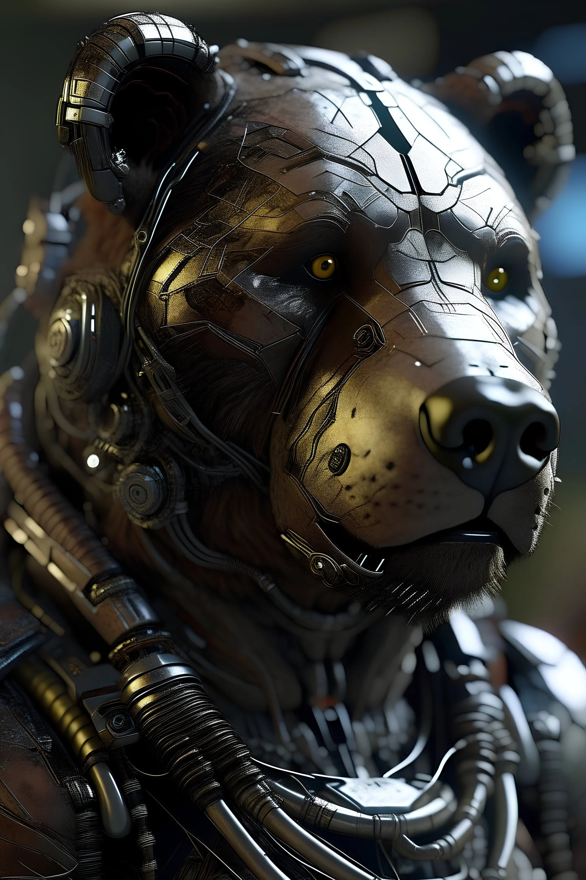 ((Cyborg bear)), nreal Engine,DOF,Super-Resolution, Megapixel, Cinematic Lightning, Anti-Aliasing, FKAA, TXAA, RTX, SSAO, Post Processing, Post Production, Tone Mapping, CGI, VFX, SFX, Insanely detailed and intricate, Hyper maximalist, Hyper realistic, Volumetric, Photorealistic, ultra photoreal, ultra-detailed, intricate details, 8K, Super detailed, Full color, Volumetric lightning, Realistic, UnrealEngine, surrealism full detail (FLS) Cinematic lighting Ray Tracing best quality,extremely detai