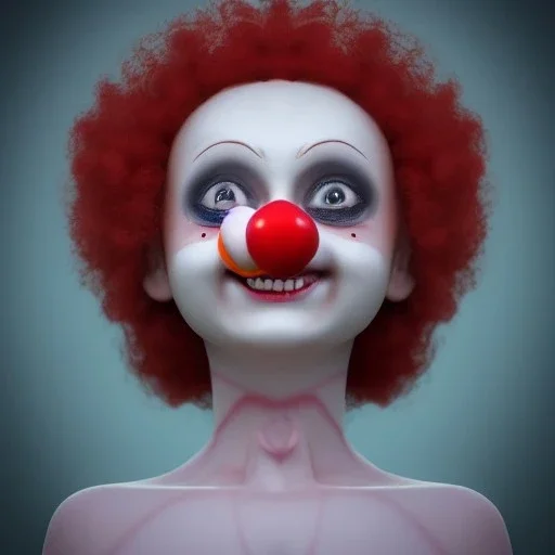 Ultra detailed very beautiful smileing cute clown girl,beautiful real skin, red nose, shallow of dept 3d, symmetrical, ultra detailed curl hair, ambient lighting, ultra detailed face, concept art, circus,party, digital painting, octane render,quixel megascans, depth of field (or dof),film photography, dslr, cinema4d, studio quality art by artstation