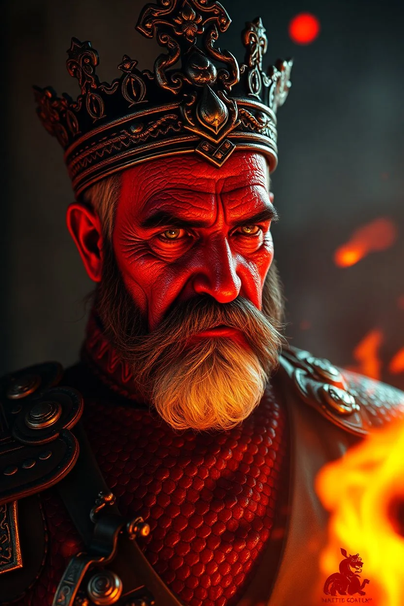 President Saddam Husain , red skin, scales, unreal engine 6, high detail, intricate, cinematic. photoshoot style, intricate, studio lighting, masterpiece , highly detailed, 8k, best quality, fire, smoke, dramatic,d,<lora:mshn:0.7>,<lyco:Warrior_Couture:0.5>,