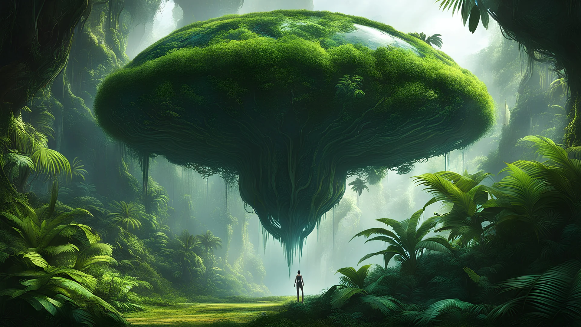 ultra-fine digital painting of a Shape-shifting entity adapting to environments in a Jungle planet with levitating flora, cyberpunkai, super detail, ultra-realism, Volumetric lighting