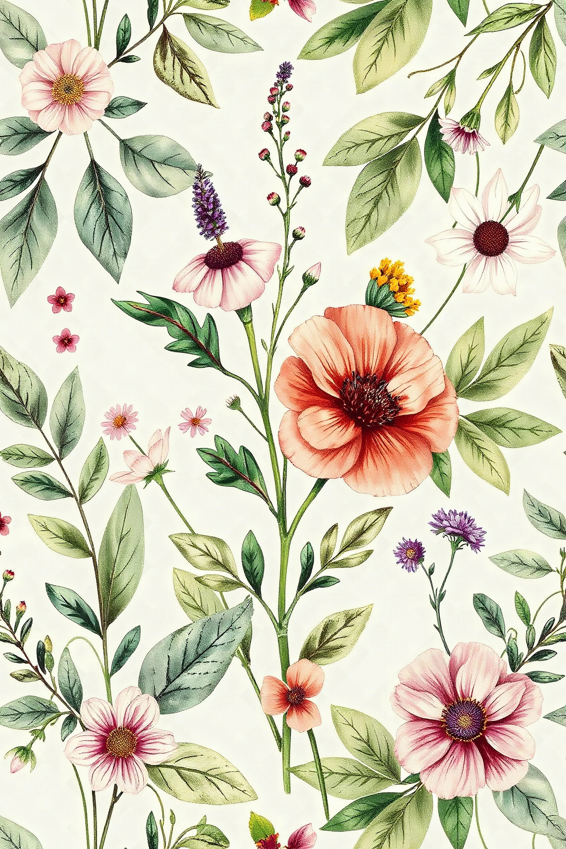 Create a "Vintage Botanicals and herbs" watercolour pattern. vintage botanical illustrations with designs featuring intricate floral patterns, botanical sketches, and lush foliage