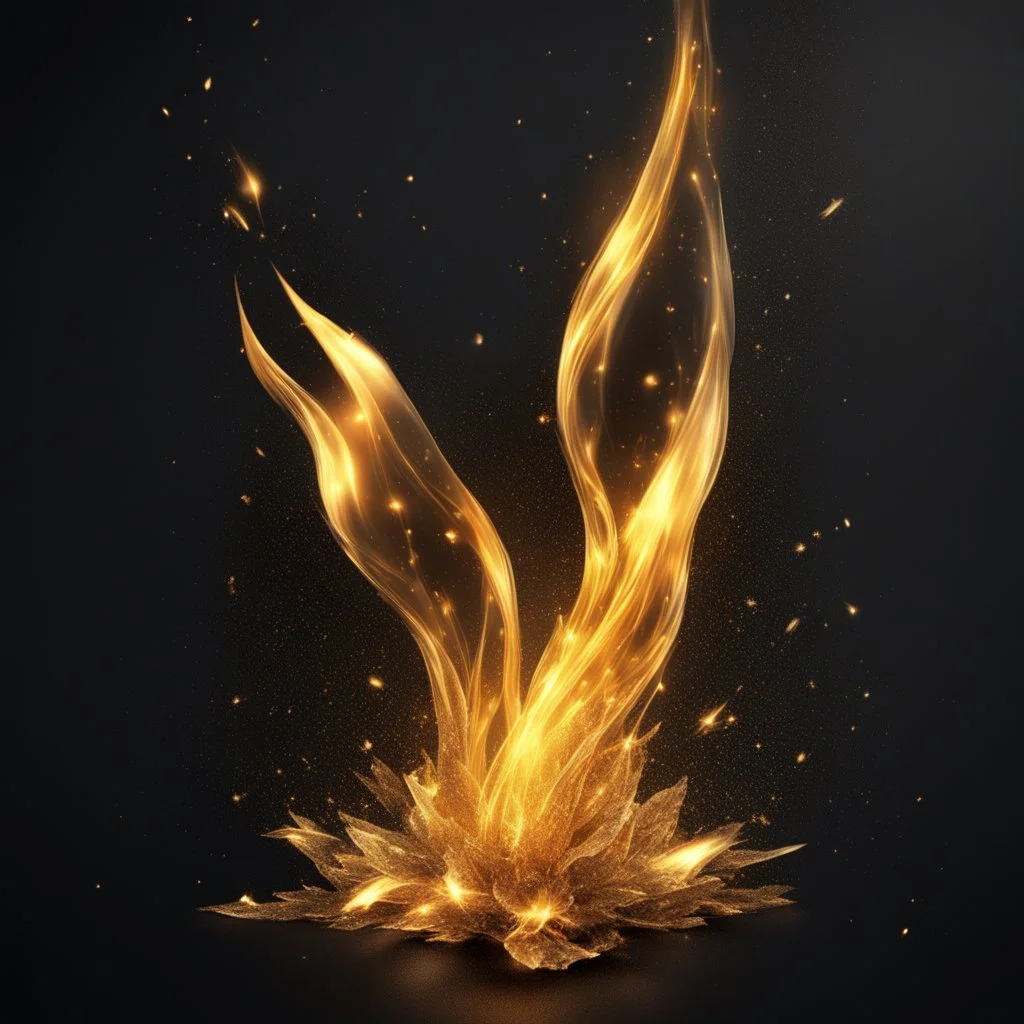 Hyper Realistic sparkling-golden-flame on jet-black background with dramatic-&-cinematic-ambiance.