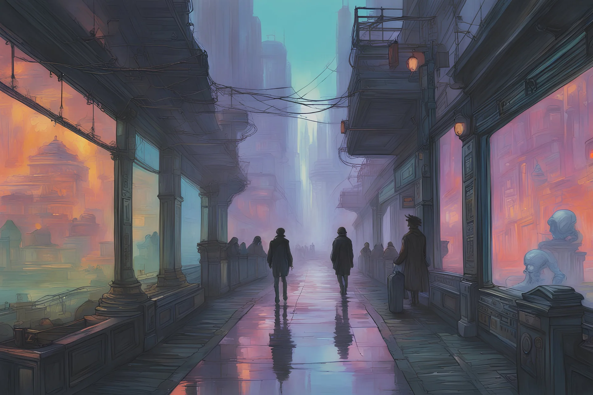 classic painting of a cyberpunk colourful walkway in the city with pollution by michaelangelo