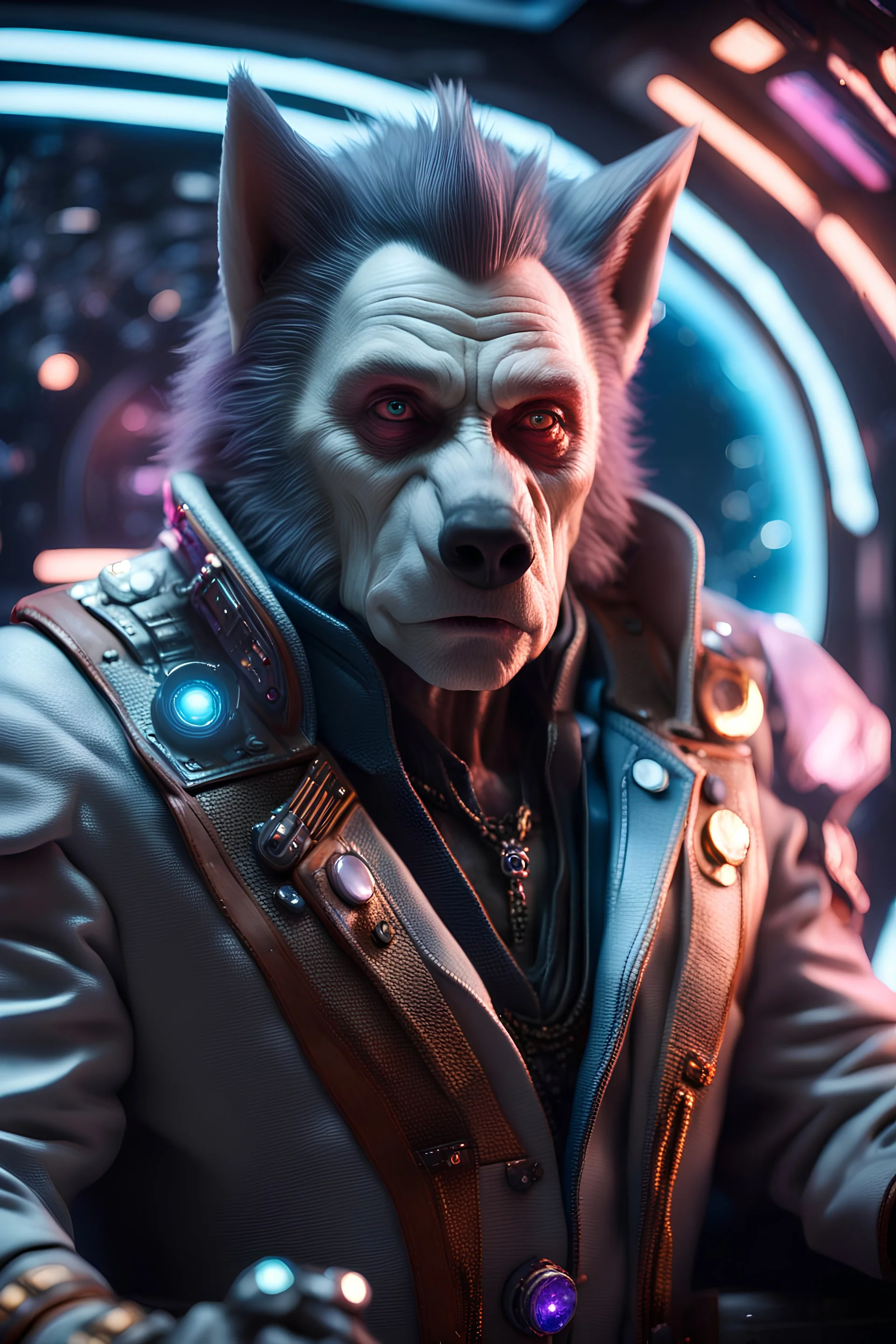 airbrush and pen outline, really macho pimp Christopher Walken orc wolf captain that go hard sitting in space station cockpit , in front of space portal dimensional glittering device, bokeh like f/0.8, tilt-shift lens 8k, high detail, smooth render, down-light, unreal engine, prize winning