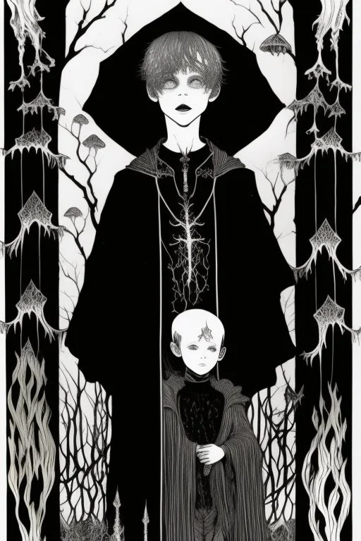 7 year old boy, necromancer, friendly, looks dead, with weird mushrooms growing out of him, wearing black robes, in the style of Harry Clarke